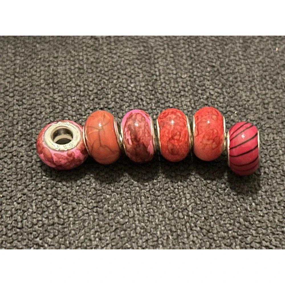 Lot of 6 Sterling Silver Core Bracelet Charm Beads Lampwork Glass Style 925 2